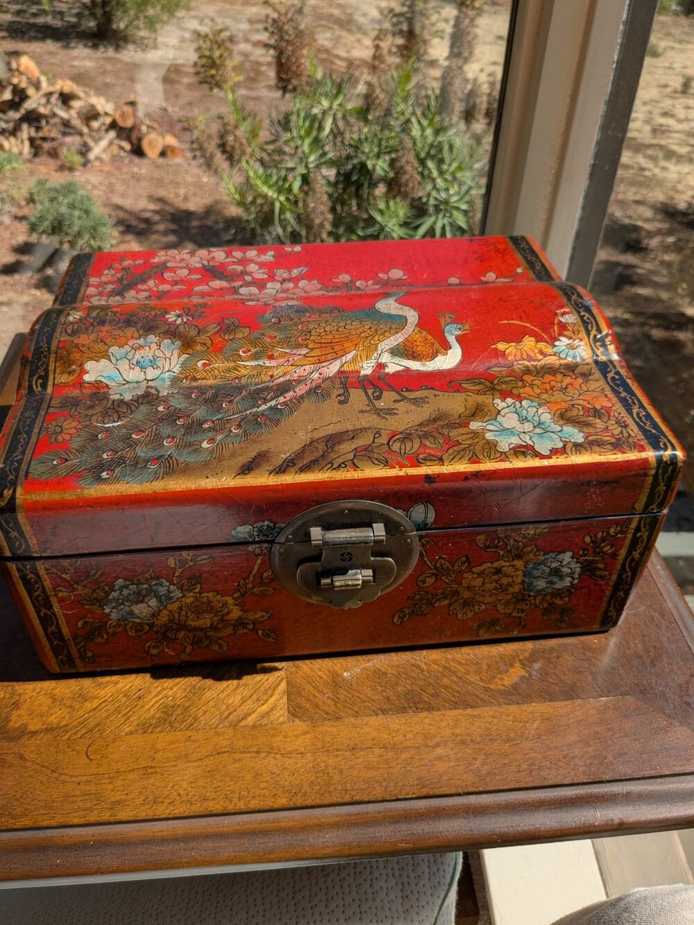 Antique Republic Period Chinese Red Lacquer Leather Trunk - Peacock - 13"